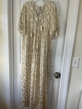 Silk Rachel Zoe Cream Maxi Dress with Gold Metallic Pattern